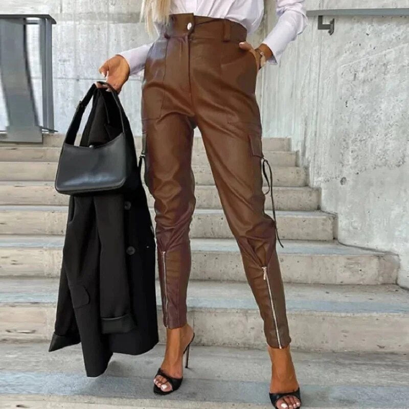 Dam Byxor Med Resår I Midjan Snygga Läderbyxor Hög Midja PU 6