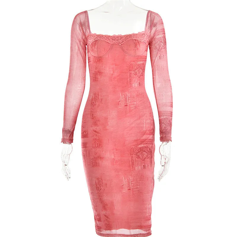 Kvinnors Midi Klänning Figurnära Fyrkantig Halsringning Polyester Spandex-6