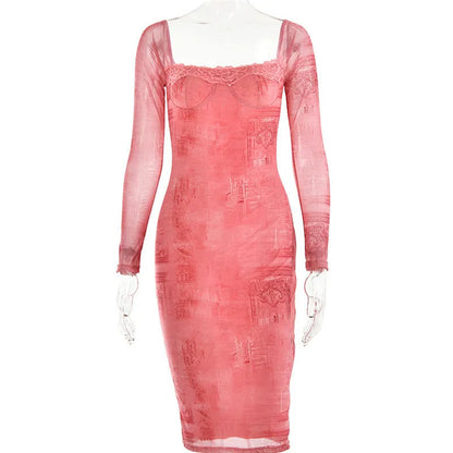 Kvinnors Midi Klänning Figurnära Fyrkantig Halsringning Polyester Spandex-6