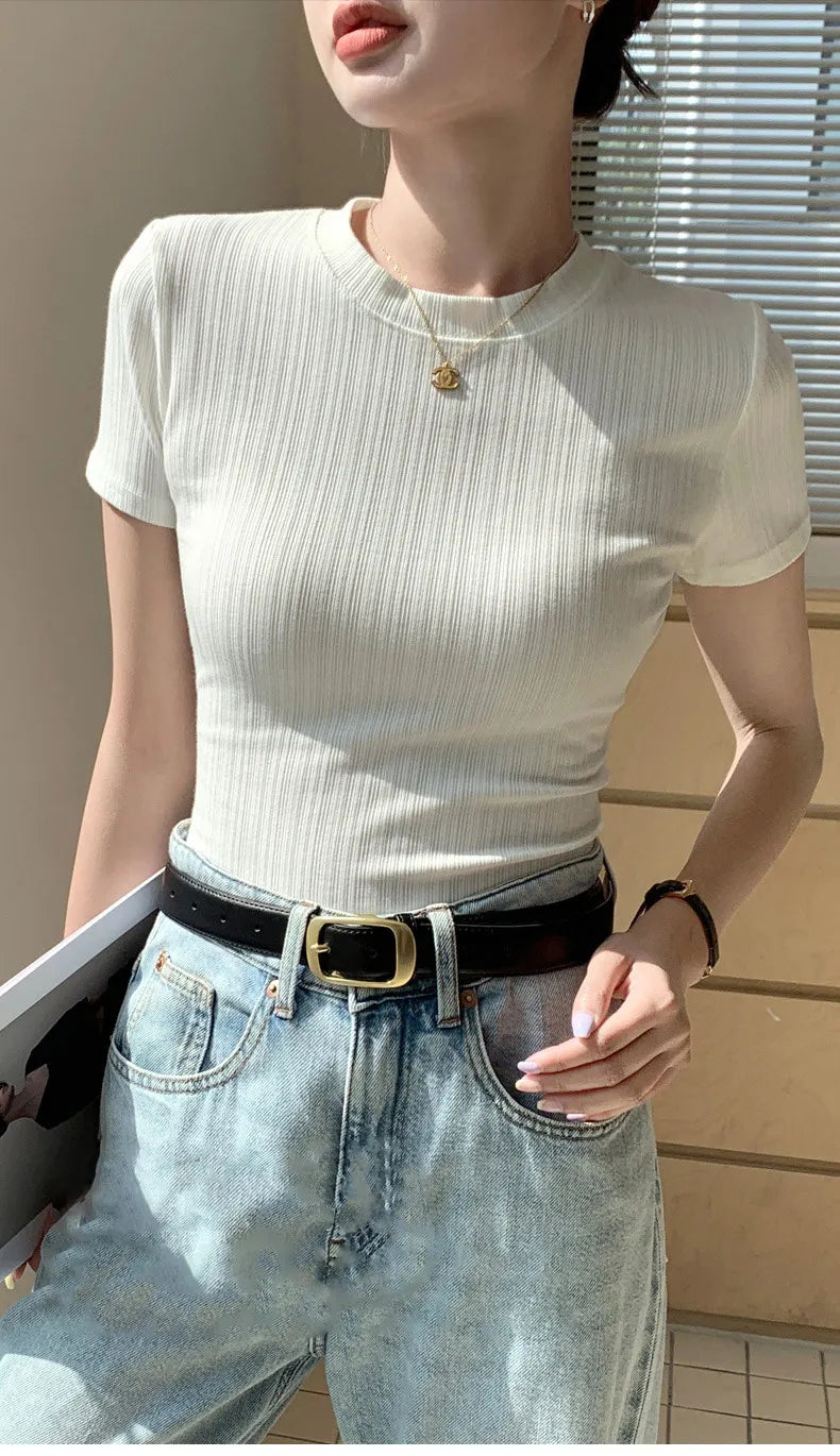 Dam T-shirt Rundhals Viskos Normal Passform Kort Ärmar-2