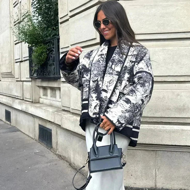 Överdimensionerad Dam Kappa i Högkvalitativt Tyg med Tryckt Design – Bekväm och Elegant för Höst och Vinter 1