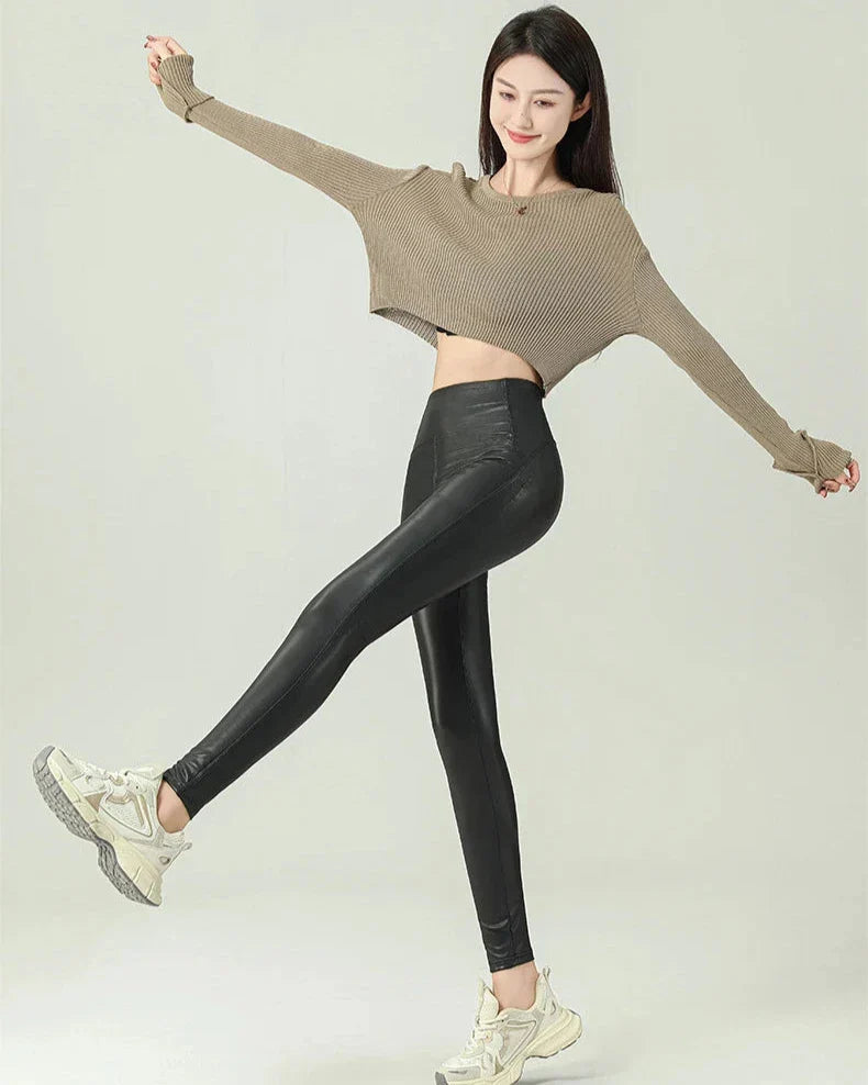 Damleggings Hög Midja Ankellängd Polyester Syntetiskt Läder-4