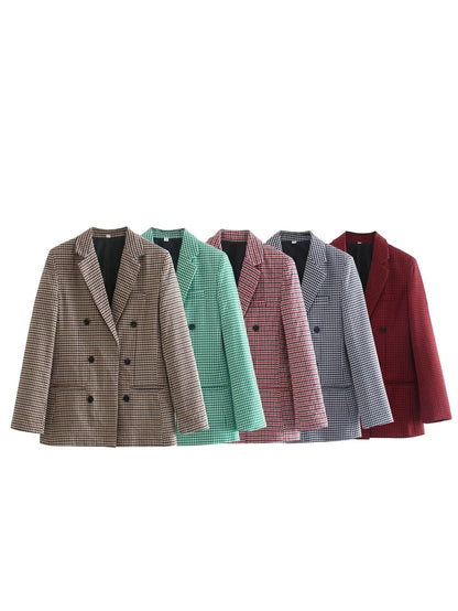 Dam Blazer Modern Kontrollmönster Bomull Polyester Elegant Casual-6