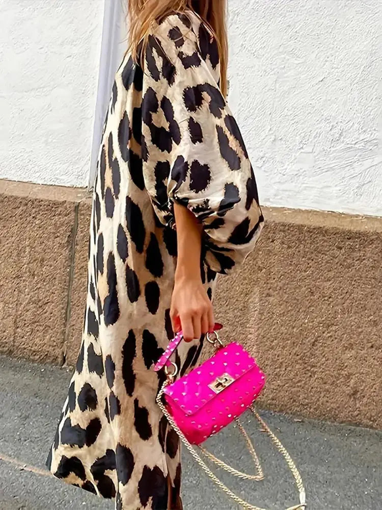 Dam Klänning Leopardmönster Tre Kvart Ärmar Löst Snitt Luftigt Tyg-2