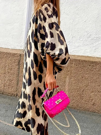 Dam Klänning Leopardmönster Tre Kvart Ärmar Löst Snitt Luftigt Tyg-2