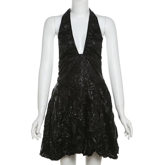 Mini Klänning för Kvinnor med V-ringning – A-linjeformad, Polyester, Smickrande Veck, Perfekt för Sommarfester 1