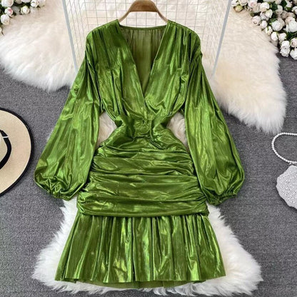 Variant image for Kvinnors Mini Klänning A-Line Polyester Ballongärmar V-ringning-3