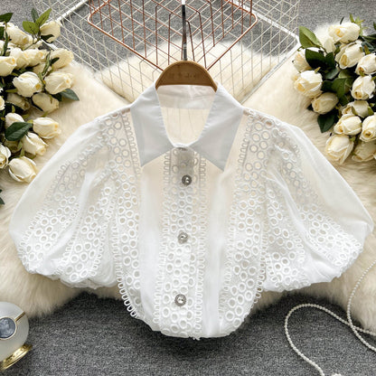 Dam Blus Puffärmar Mjuk Bomull Monokrom 5