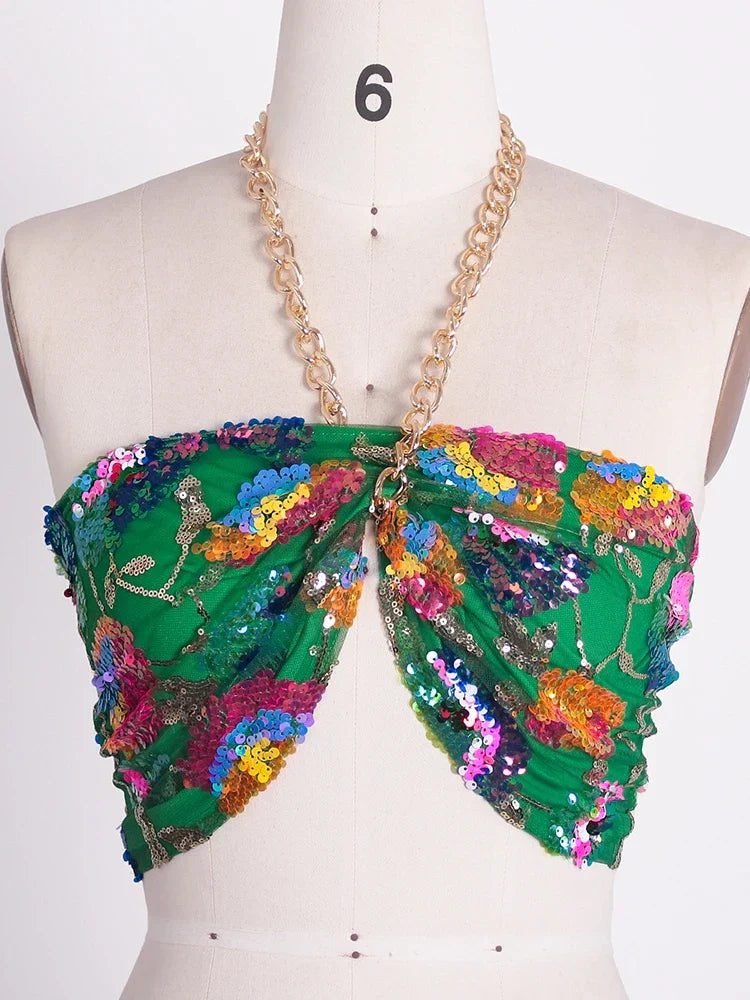 Variant image for Dam Crop Top Blommönster med Paljetter Polyester-5