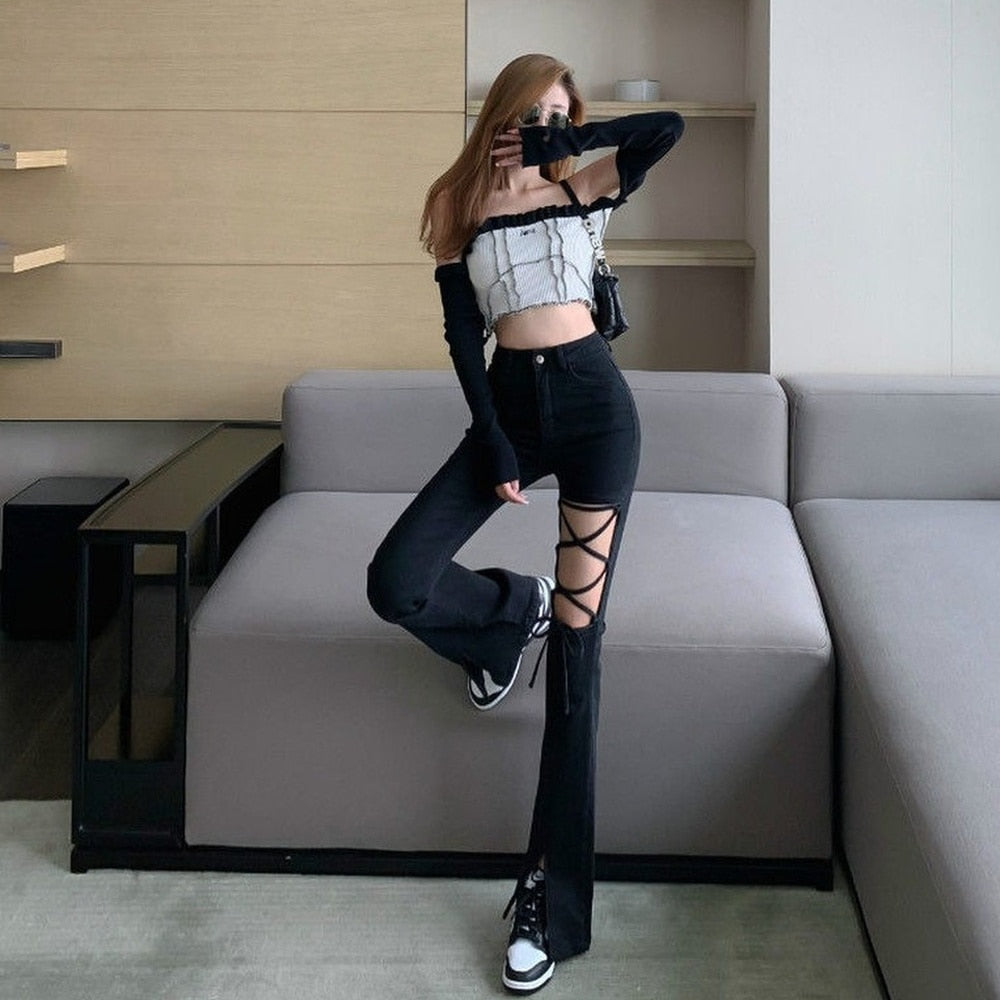Dam Jeans med Hög Midja Flared Design i Ljus Denim – Trendiga och Bekväma för Alla Tillfällen 5