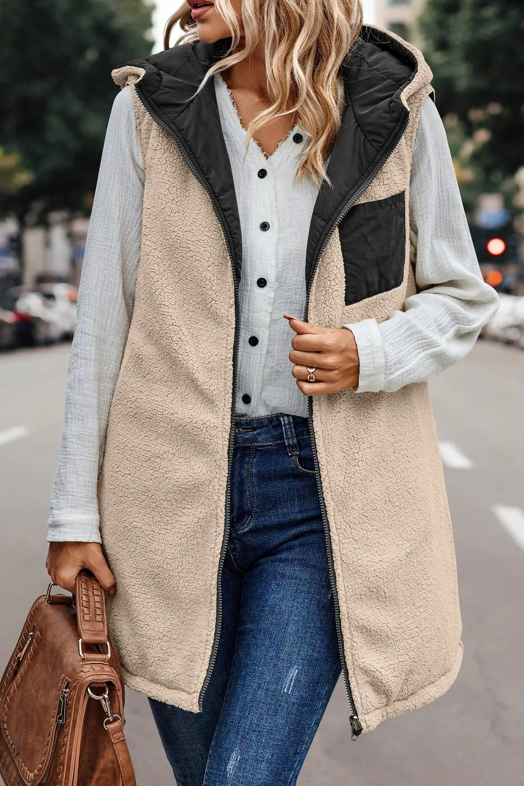 Dam Reversibel Kapuzenväst Fleece med Dubbel Termisk Isolering 6