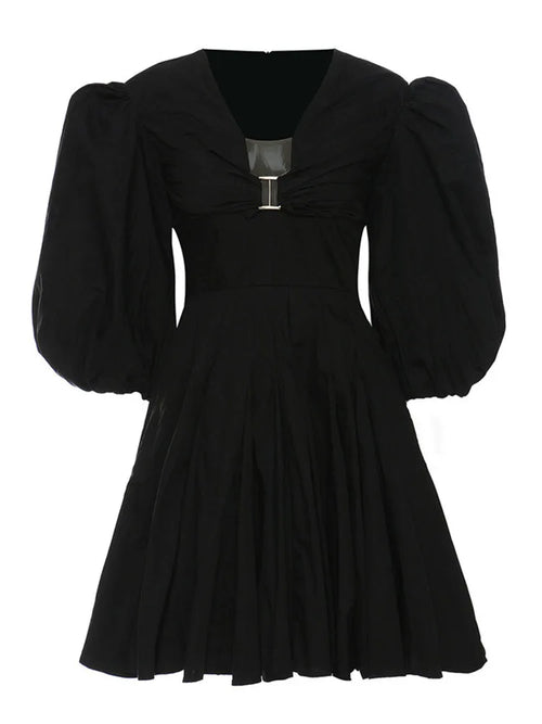 Dam Mini Klänning Puffärmar Bomull Elegant-1