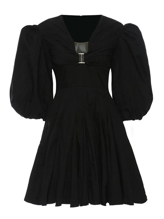 Dam Mini Klänning Puffärmar Bomull Elegant-1