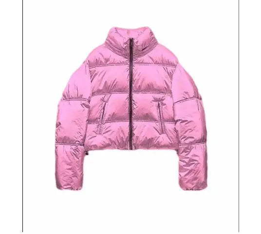 Dam Vinterjacka Lång Metallisk Quiltad med Hög Krage-6