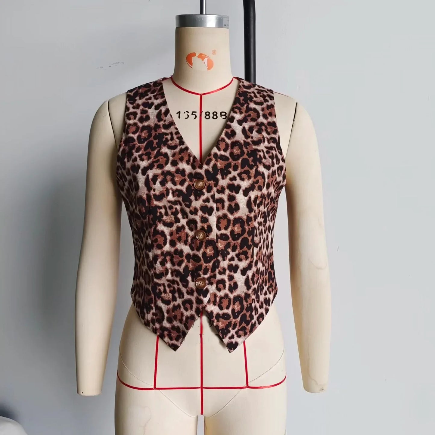 Damkort Väst Leopardmönster Polyester V-Hals-5