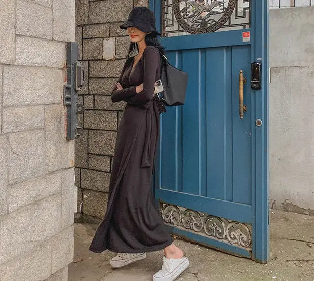 Maxiklänning Dam V-ringning i Svart Polyester och Bomull – Elegant Långklänning för Fest och Vardag 4