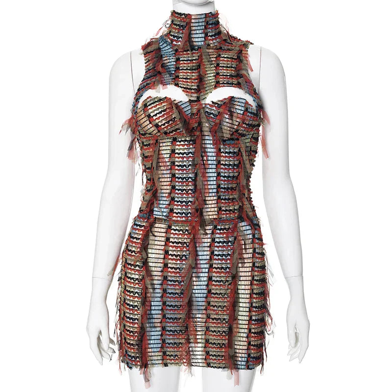 Dam Mini Klänning Turtleneck Perforerad Blandning av Bomull och Polyester-1