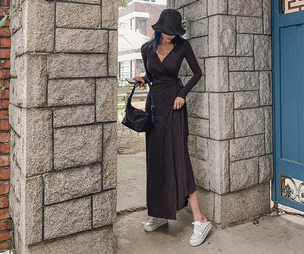 Maxiklänning Dam V-ringning i Svart Polyester och Bomull – Elegant Långklänning för Fest och Vardag 6