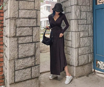 Maxiklänning Dam V-ringning i Svart Polyester och Bomull – Elegant Långklänning för Fest och Vardag 6