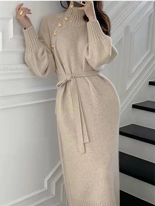 Damklänning Turtleneck Lång Ärmar Mjuk Material-3