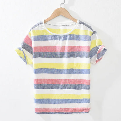 Herr T-shirt Randig Linne Kortärmad Avslappnad 5