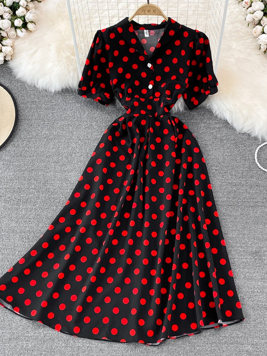 Kvinnors Midi Klänning A-linjeformad Polyester Punktmönster-1