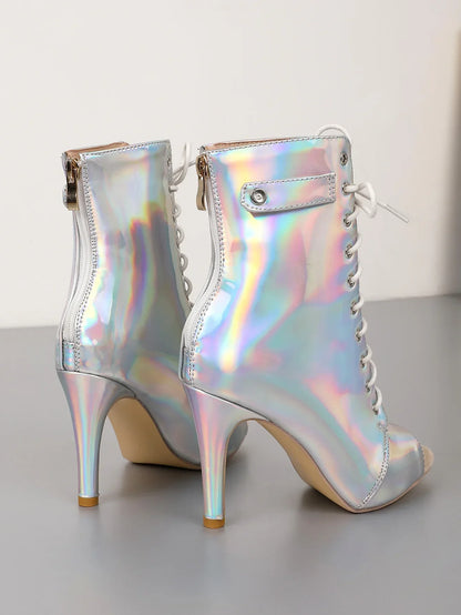 Damstövlar Mid-Calf Läder med Glittrande Detaljer och Hög Häl-3