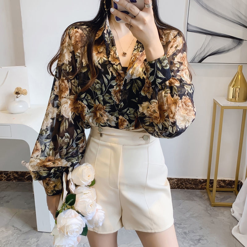 Dam Blus Blommönster Långärmad Chiffong-3