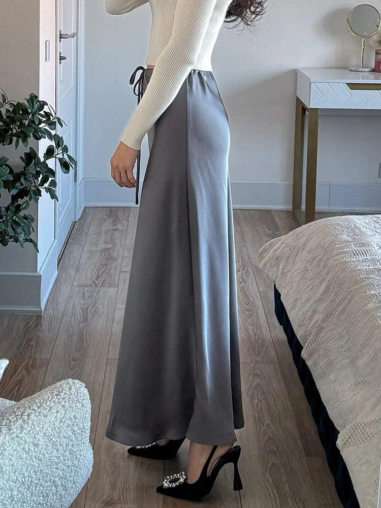 Maxikjol Lång A-linje i Satin med Hög Midja – Elegant och Bekväm Damkjol för Alla Tillfällen 5