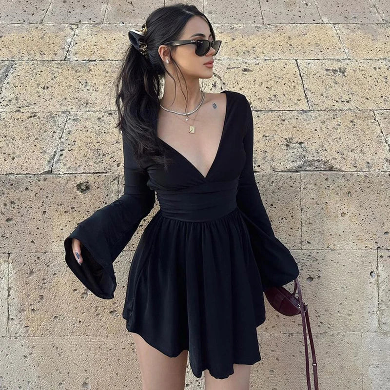 Dam Miniklänning V-ringad Veckad Polyester-1