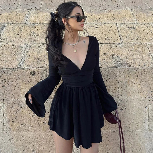 Dam Miniklänning V-ringad Veckad Polyester-1