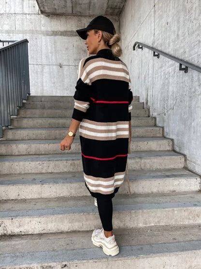 Kvinnors Lång Kofta Stickad Randig Mjuk Kvalitet-3