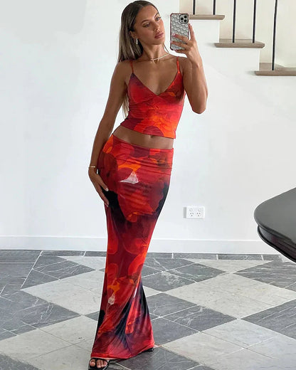 Maxikjol Dam Tvådelad med Brinnande Tryck i Lätt Polyester-1