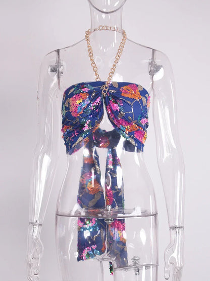 Variant image for Dam Crop Top Blommönster med Paljetter Polyester-9