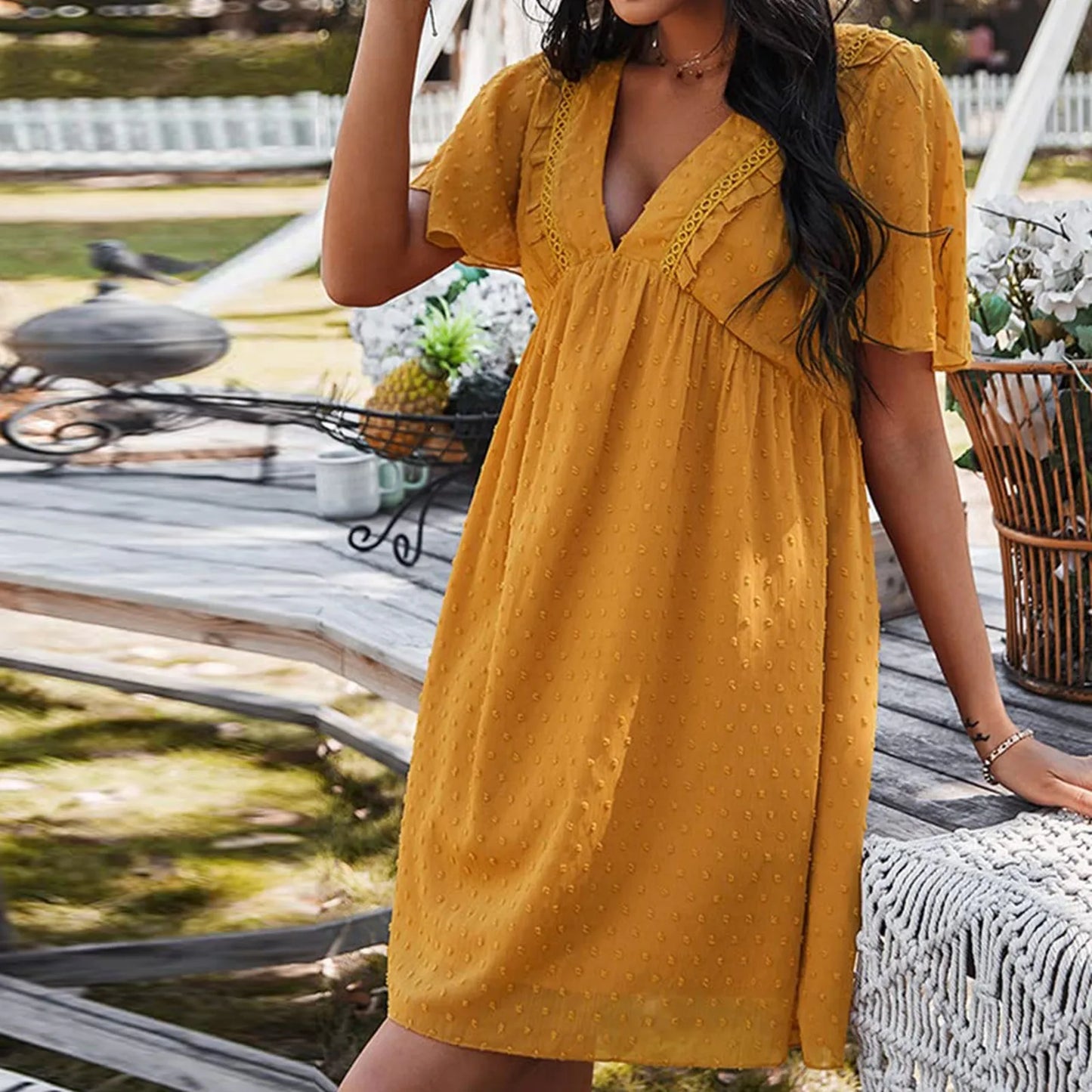 Damklänning V-ringning Spetsdetaljer 100% Polyester Fina Dam Klänningar-3