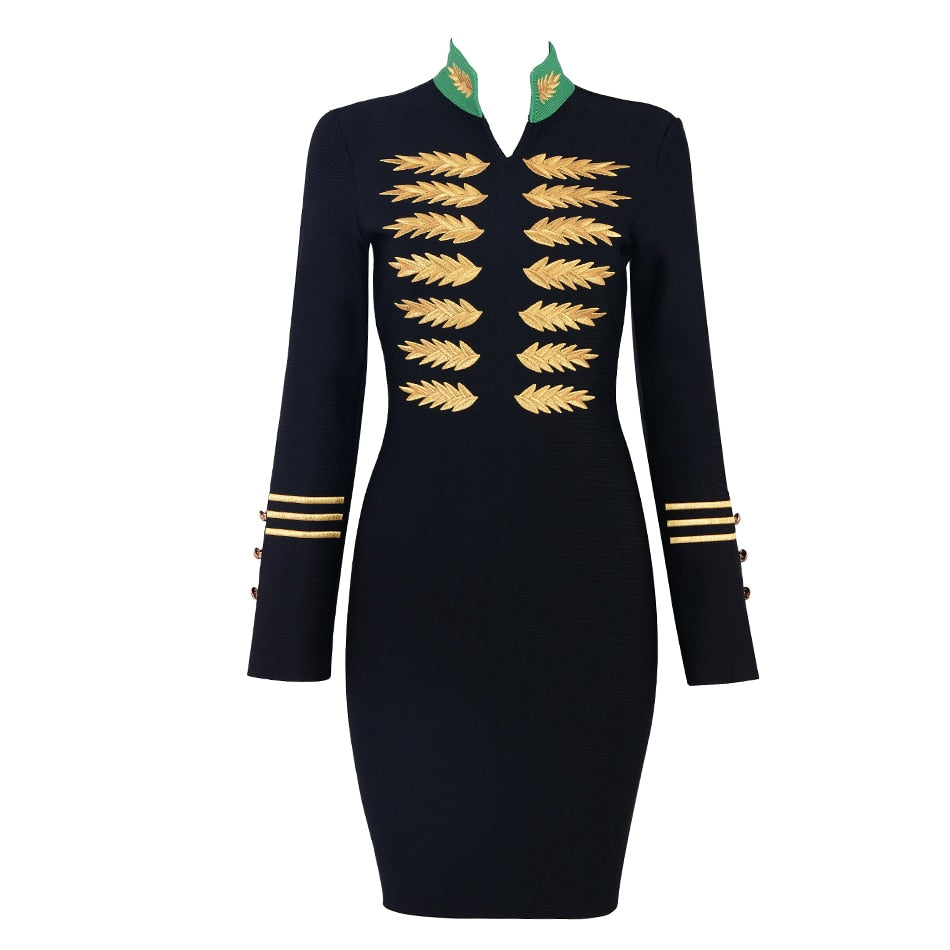 Bandageklänning för Kvinnor med Gyllene Broderi – Snäv Passform, Korta Ärmar, Midkalvlängd i Polyester och Spandex 6