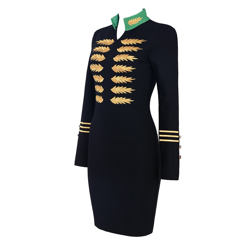 Bandageklänning för Kvinnor med Gyllene Broderi – Snäv Passform, Korta Ärmar, Midkalvlängd i Polyester och Spandex 5