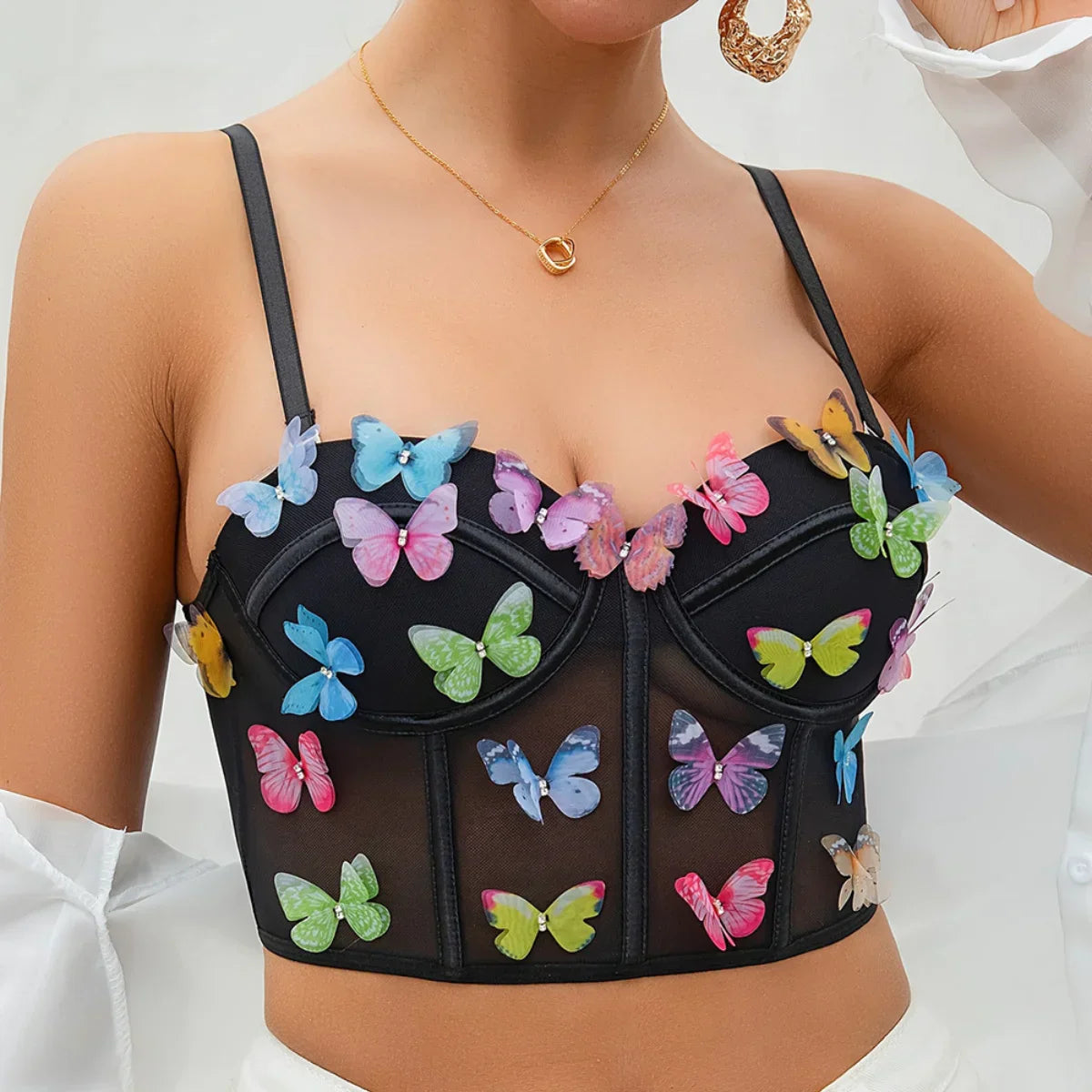 Dam Crop Top Spaghetti Band Polyester Spandex med Fjärilsdetaljer-1