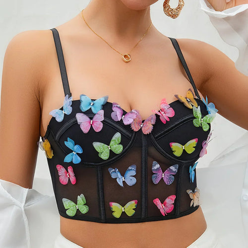 Dam Crop Top Spaghetti Band Polyester Spandex med Fjärilsdetaljer-1