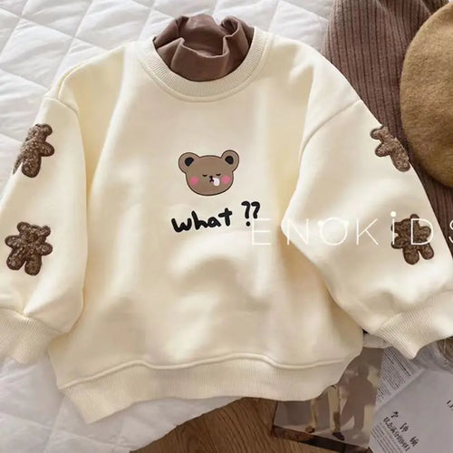 Flickors Hoodie Björntryck Mjuk Fleece-1