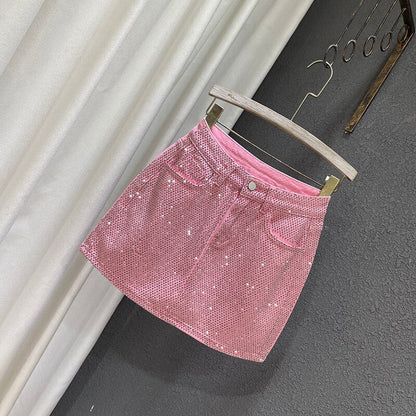 Dam Jeanskjol A-linjeformad med Strass Detaljer i Denim-2