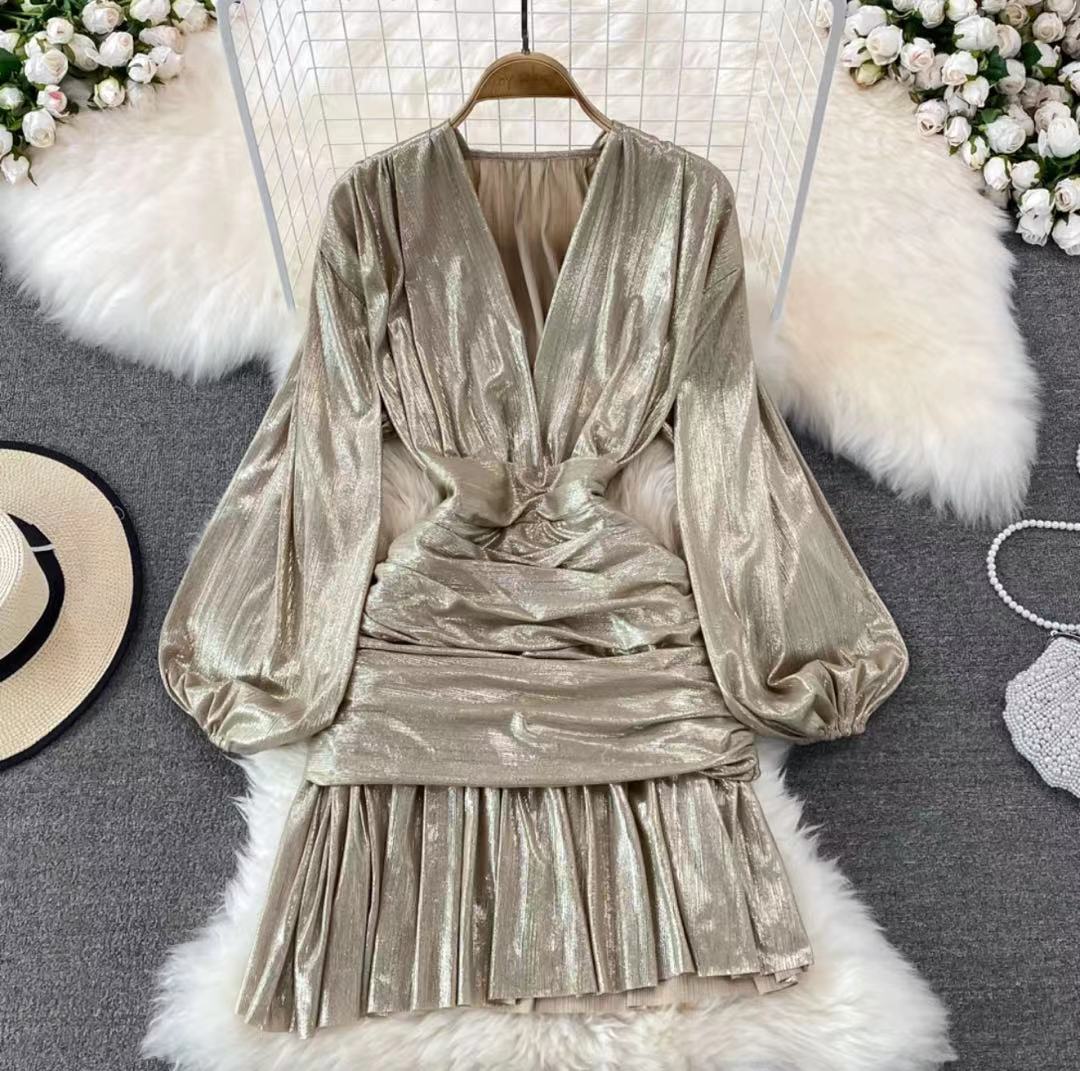 Variant image for Kvinnors Mini Klänning A-Line Polyester Ballongärmar V-ringning-4