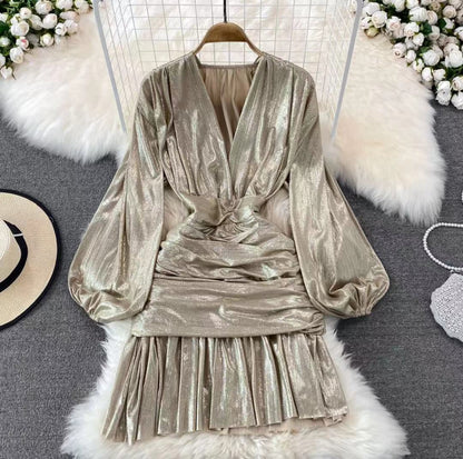 Variant image for Kvinnors Mini Klänning A-Line Polyester Ballongärmar V-ringning-4