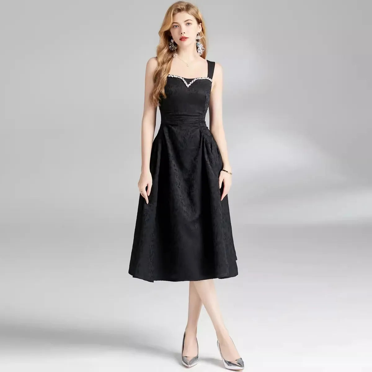 Dam Midi Klänning Spaghetti Band A-linjeformad Bomull och Polyester-2