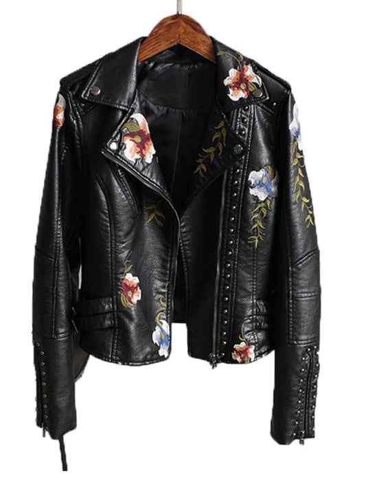 Kvinnors Läderjacka Med Blommig Broderi PU-Läder-1