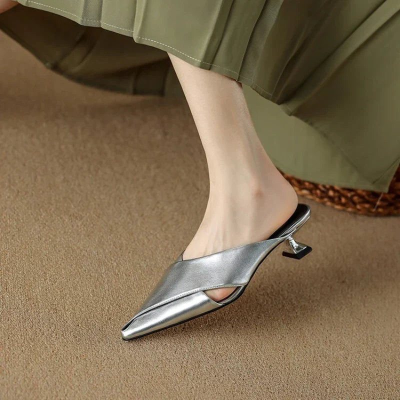 Dam Mules Spetsig Design Medelhög Klack PU-material-4