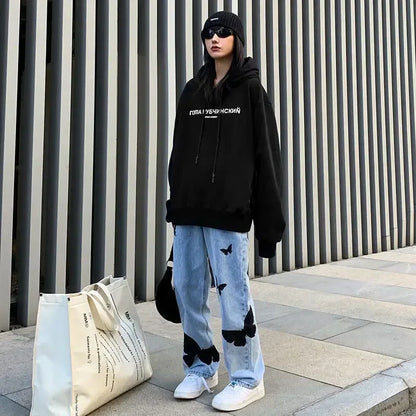 Kvinnor Baggy Jeans Fjärilstryck 100% Bomull-3