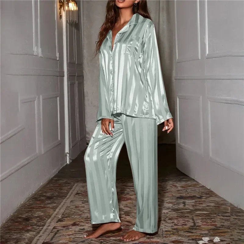 Dam Pyjamas Set V-hals Mjuk Polyester Långa Ärmar Fotledslängd Byxor-4