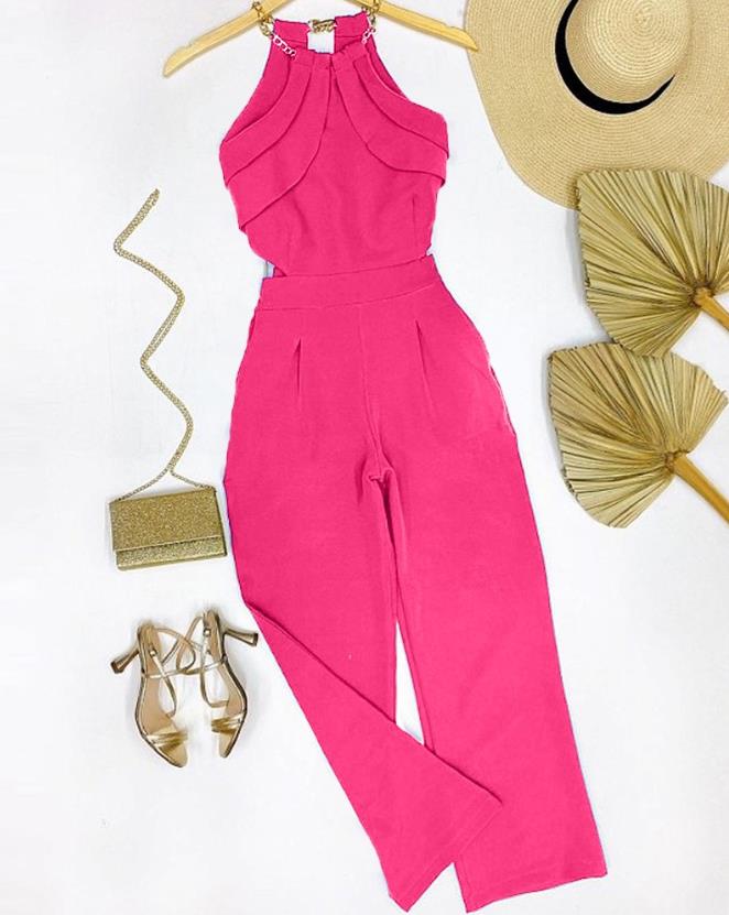 Dam Jumpsuit Monokrom Design Vristlängd Polyester med Kedjeaccenter-4