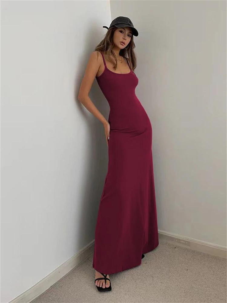 Dam Maxiklänning Spaghetti Band Flödande Polyester-4